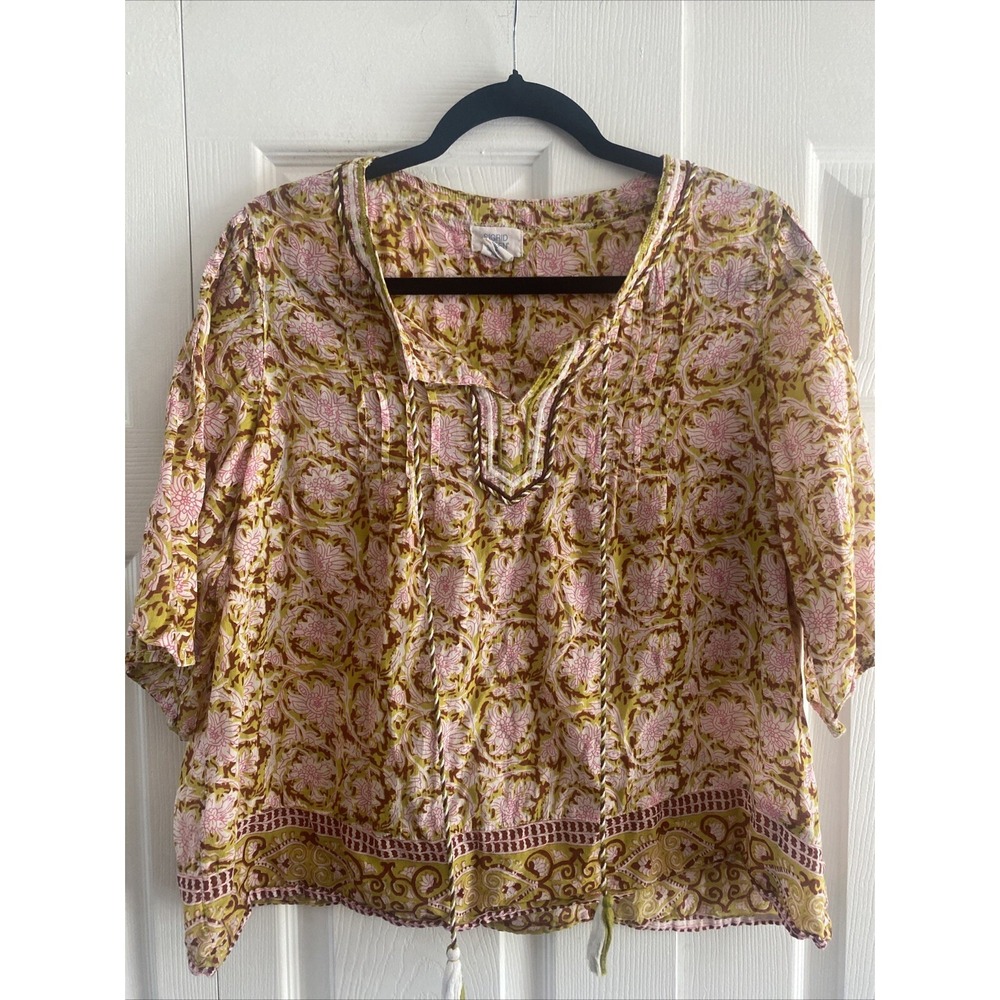 Sigrid Olsen Boho Floral Peasant Top Womens Size Medium Cotton Tassel Blouse‎